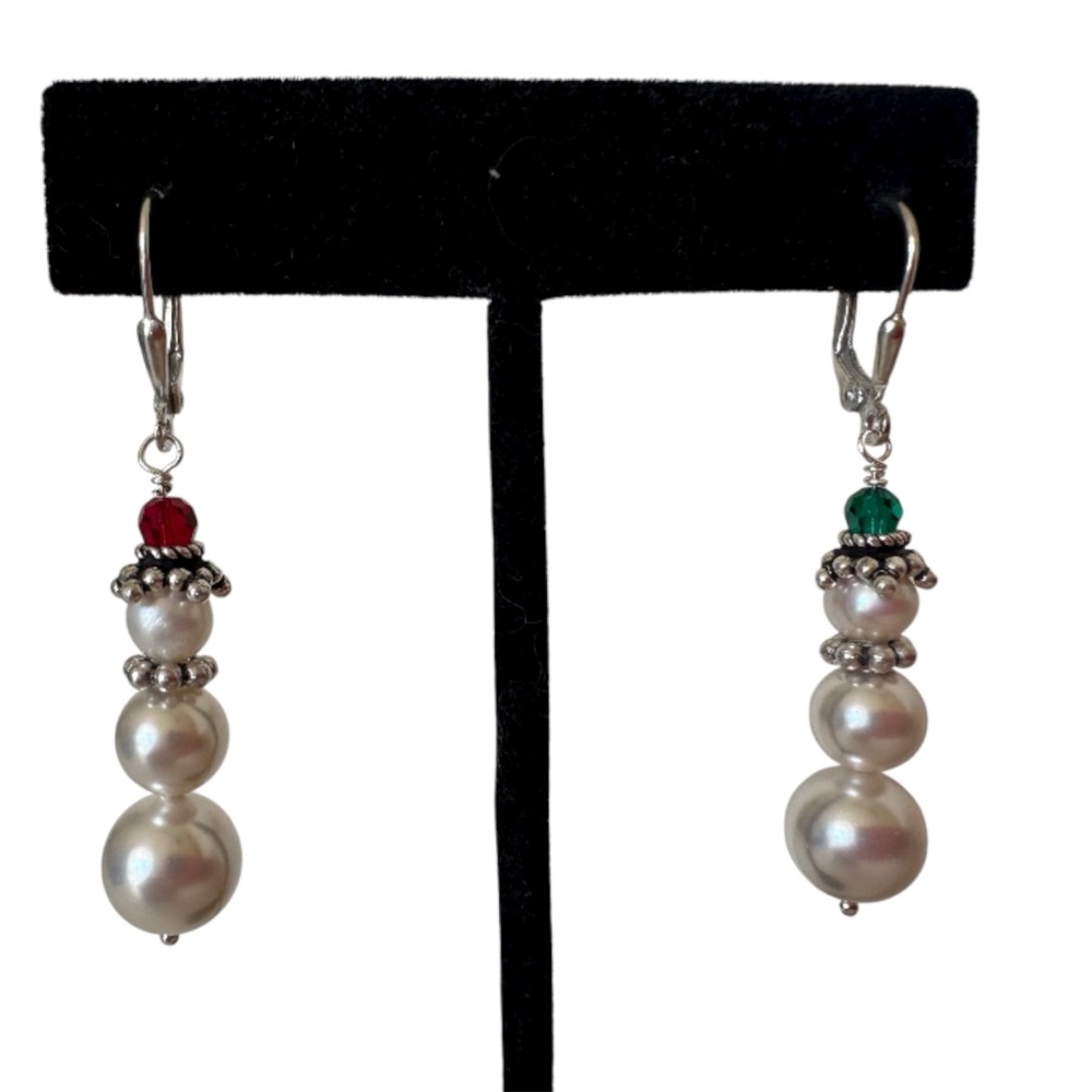 925 Sterling Silver Swarovski Pearl Crystal Snowman Earrings NEW